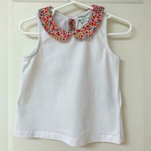 Cyrillus Paris Girls White Sleeveless Blouse Cotton Top w/ Liberty Floral Collar